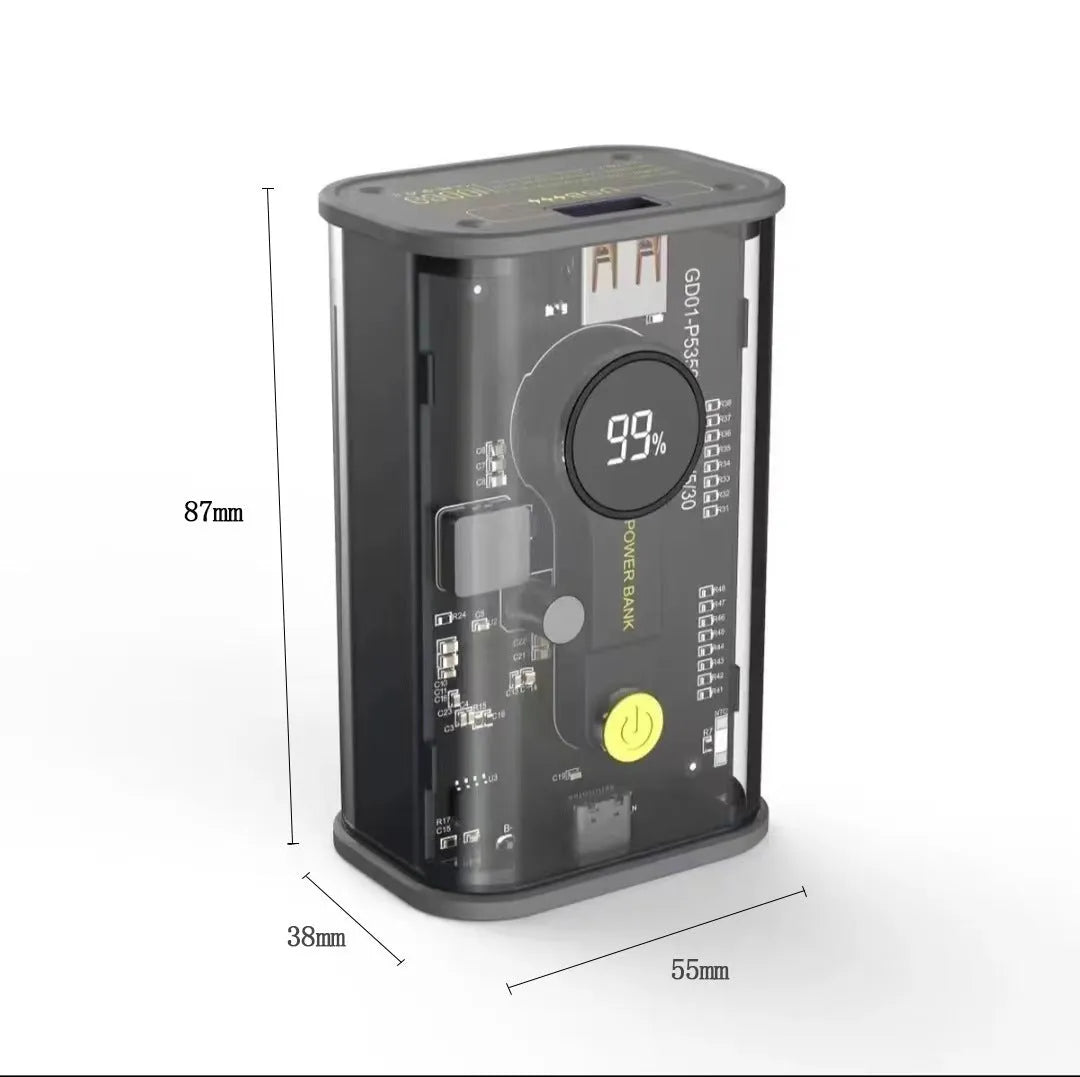 Transparent yellow industrial power bank showing internal battery components with aluminium casing