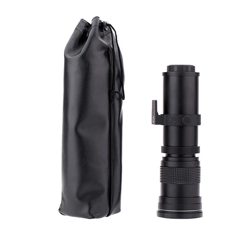 420-800mm manual zoom camera lens with T-mount adapter ring shown extended to approximately 36cm length