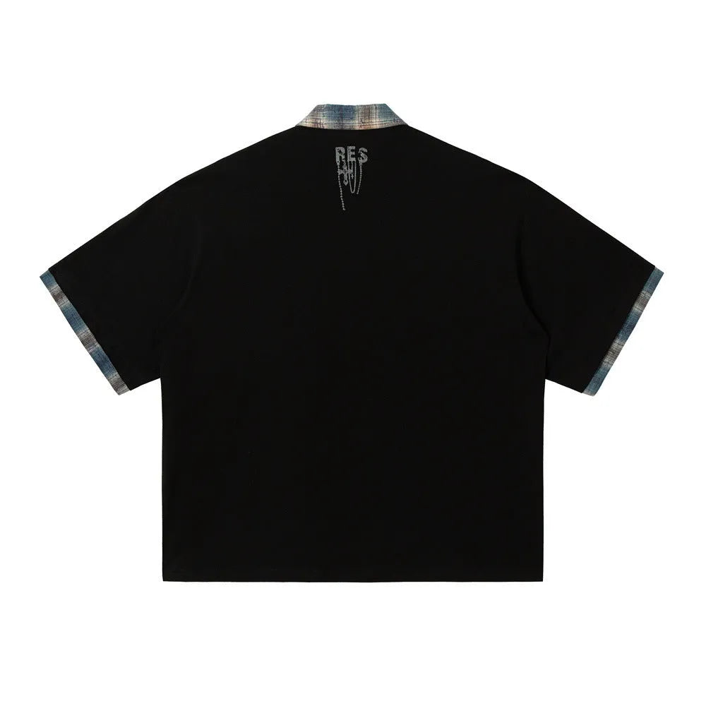 Men's loose fit blue cotton short-sleeved top with graffiti print and asymmetric lapel.