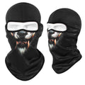 Motorcycle balaclava skull mask in bakool silk fabric showing detailed graphic design options.