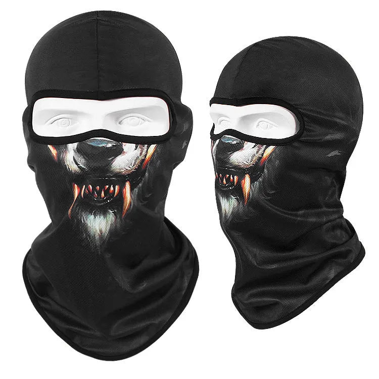 Motorcycle balaclava skull mask in bakool silk fabric showing detailed graphic design options.