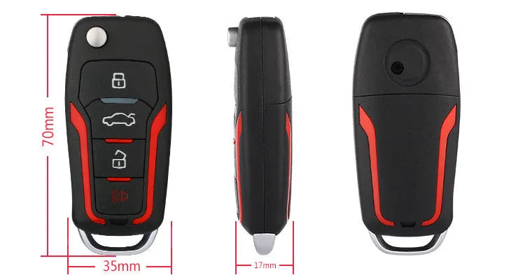 Red and black one-way remote control car alarm system with two remotes for 3000 metre vehicle security.