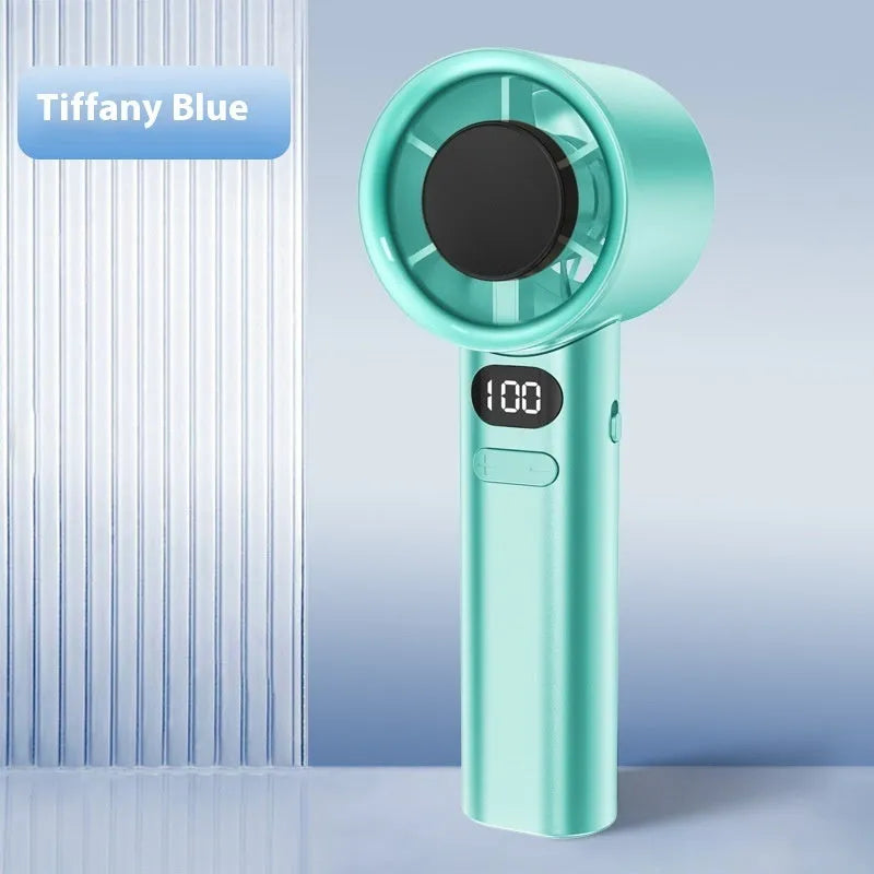 USB handheld fan with variable speed control in Green, Khaki, Silver, or White colour options