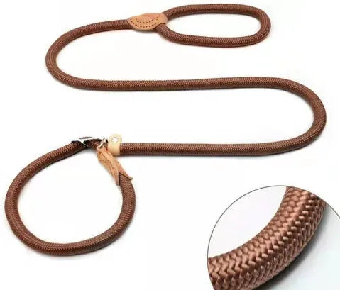 Brown nylon P chain dog leash with hand holding rope measuring 2.1 metres long