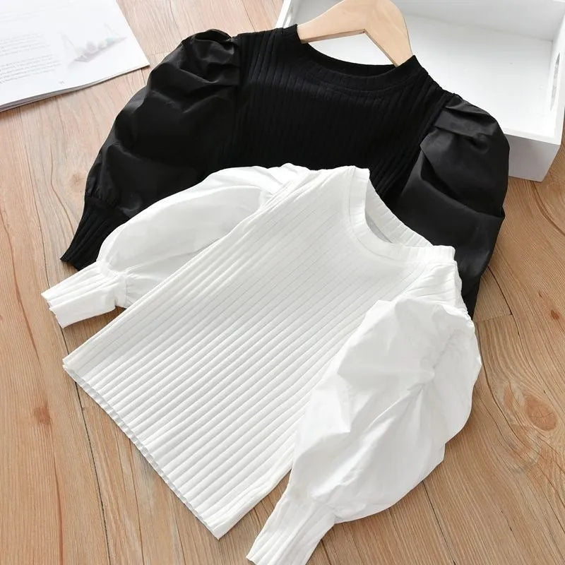Girls western style long sleeved cotton t shirt with puff sleeve in black view