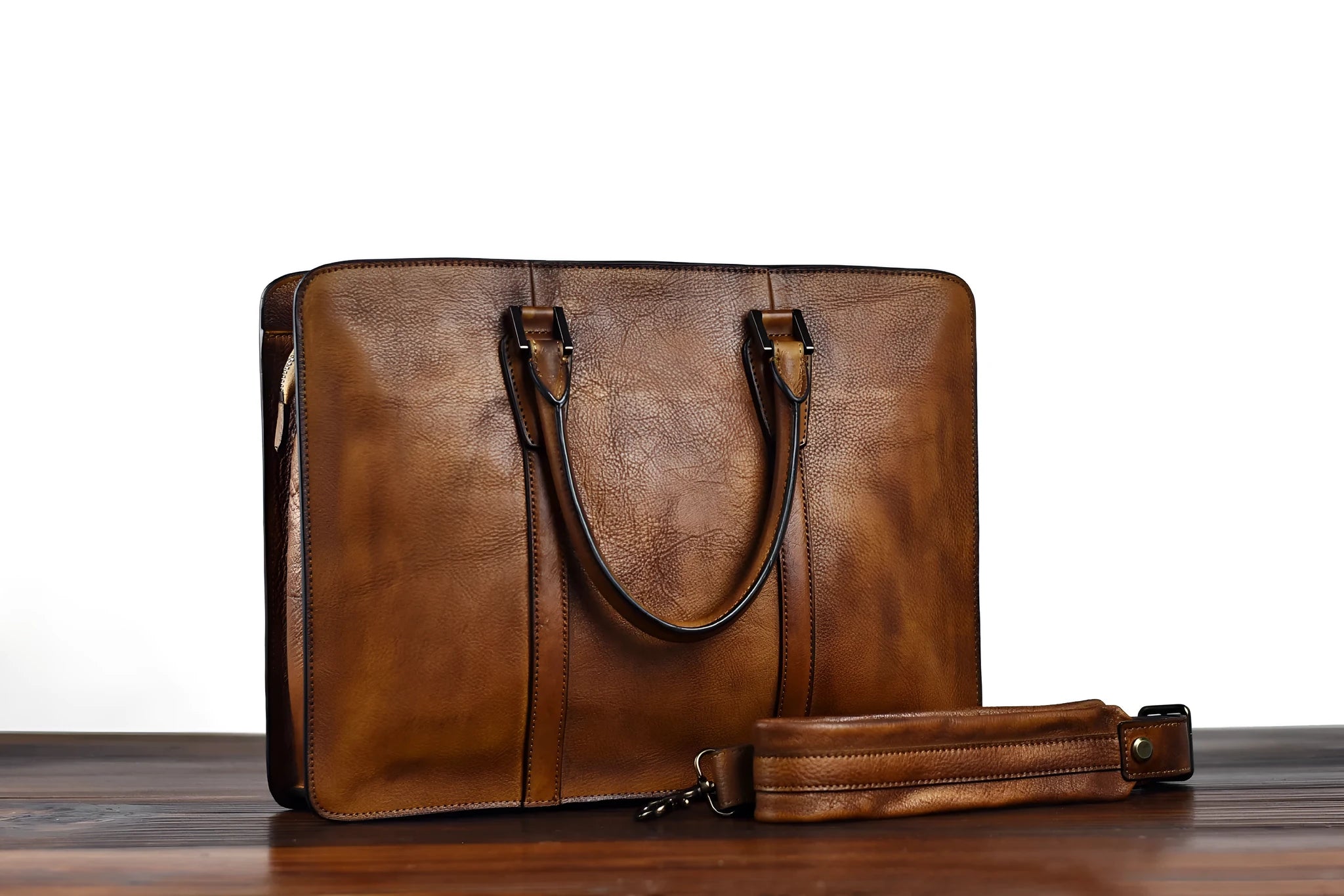 Men's brown leather horizontal business handbag with zipper closure