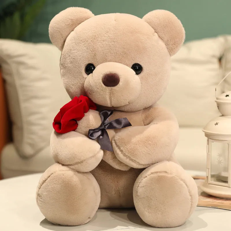 Rose teddy bear plush pillow stuffed animal doll in beige, brown or grey colours, shown in 23cm to 45cm sizes.