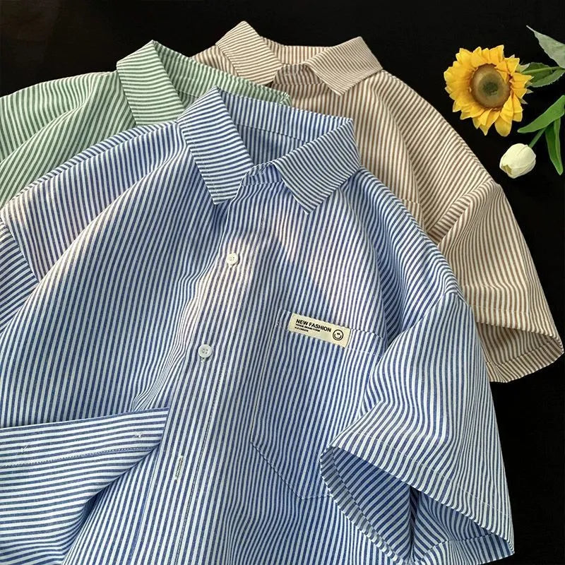 Blue or green striped loose fit plus size casual shirt with half sleeves