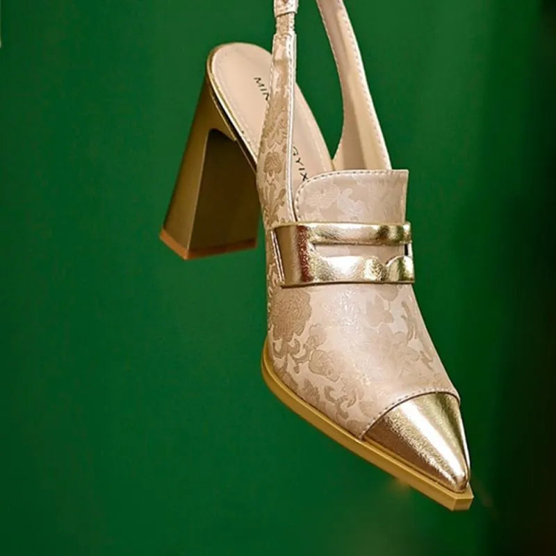 Korean style women's high-heel sandals with chunky heel, pointed toe, and an elasticated high-cut ankle strap.