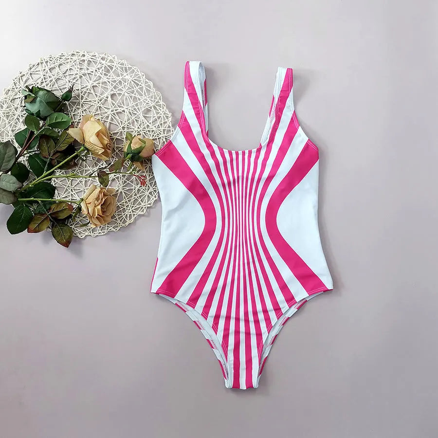 Pink striped digital print one-piece swimsuit for women, front and rear view.