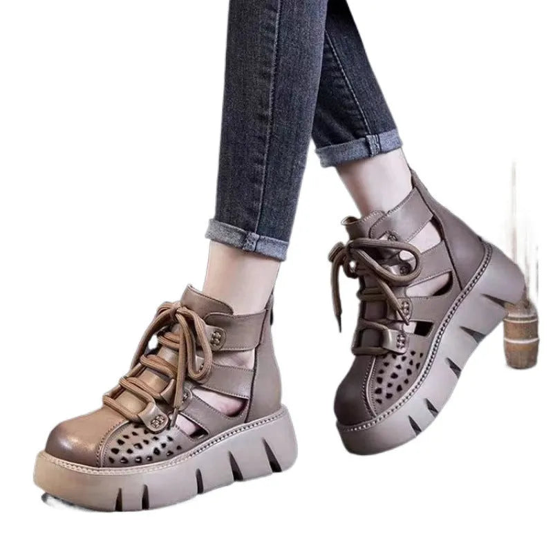 Women's black platform sandals with hollow hole design and fish mouth toe