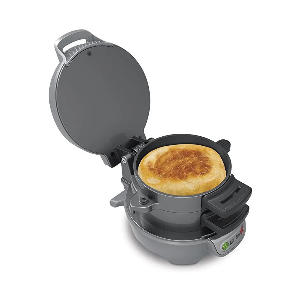 Bright red breakfast machine sandwich maker with egg cooker ring and mechanical controls