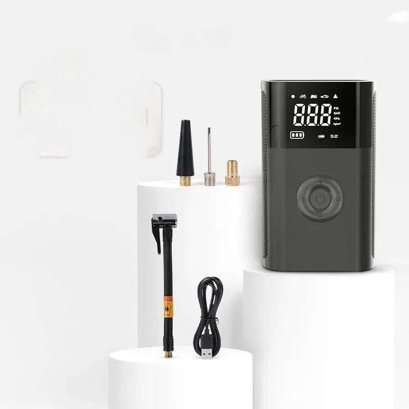 Wireless digital handheld air pump with LCD display and multiple attachments for car and bicycle tyres