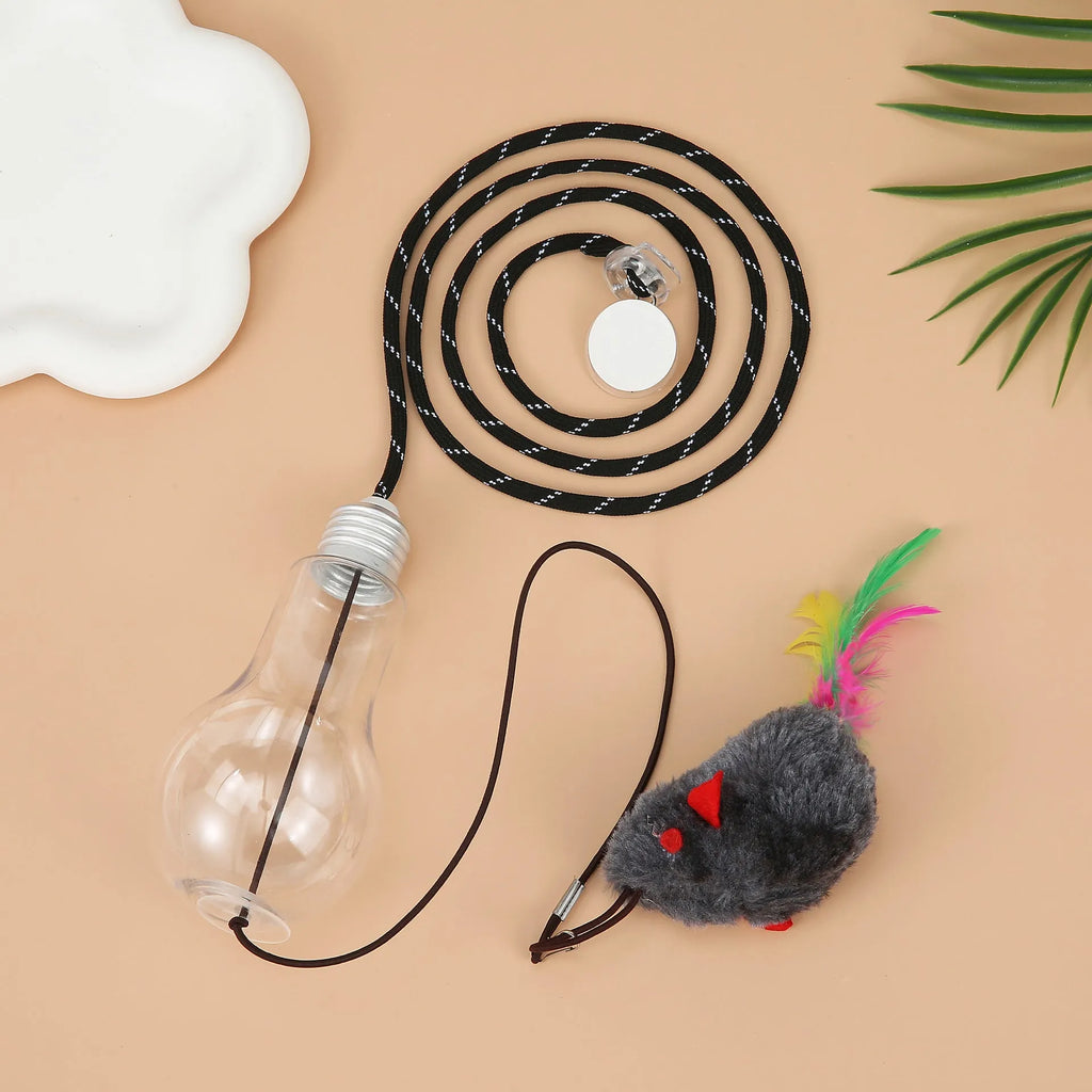 Grey and yellow interactive cat toy with retractable elastic rope, dangling mouse toy, and treat dispenser bulb