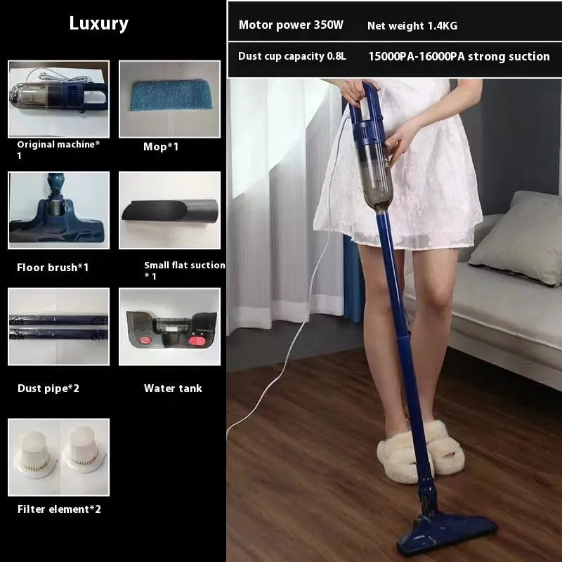 White flagship wired vacuum cleaner with suction mop integrated and anti-mite head on hard floor