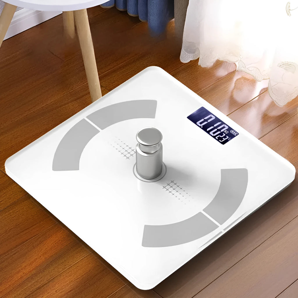Smart Bluetooth body fat scale in white, black, or pink colour on bathroom floor
