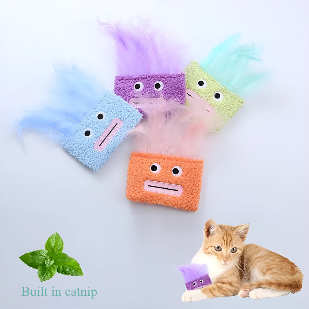 Big mouth explosion head shaped catnip plush toy for cats in blue, green, orange, and purple colours