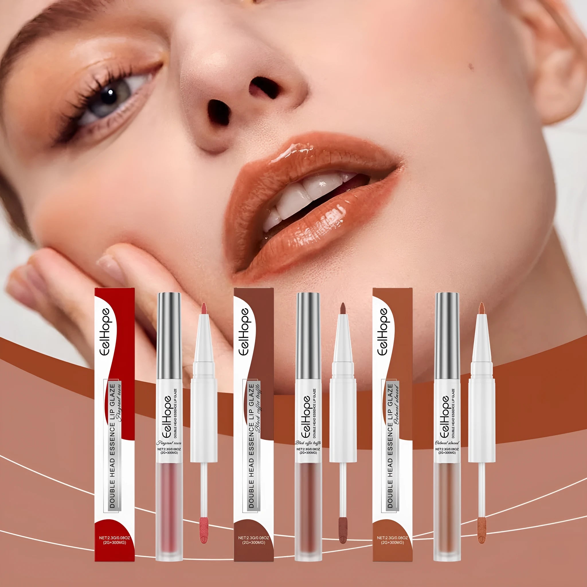 Double-headed lip liner and lip lacquer pen in a matte finish shown with three colour options.