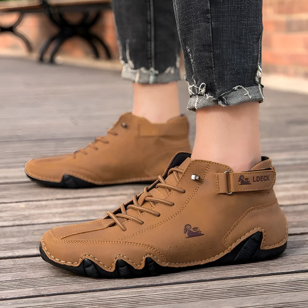 Men's khaki high-top octopus casual shoes with a microfiber upper and rubber sole.