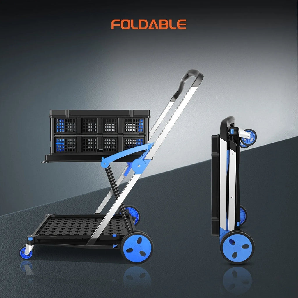 Blue foldable shopping trolley with two plastic baskets shown in an unfolded state.