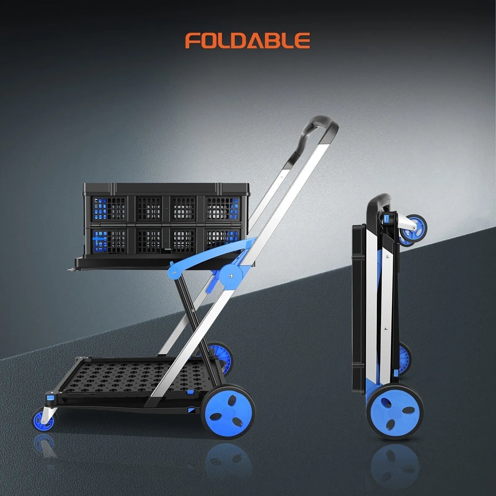 Blue foldable shopping trolley with two plastic baskets shown in an unfolded state.
