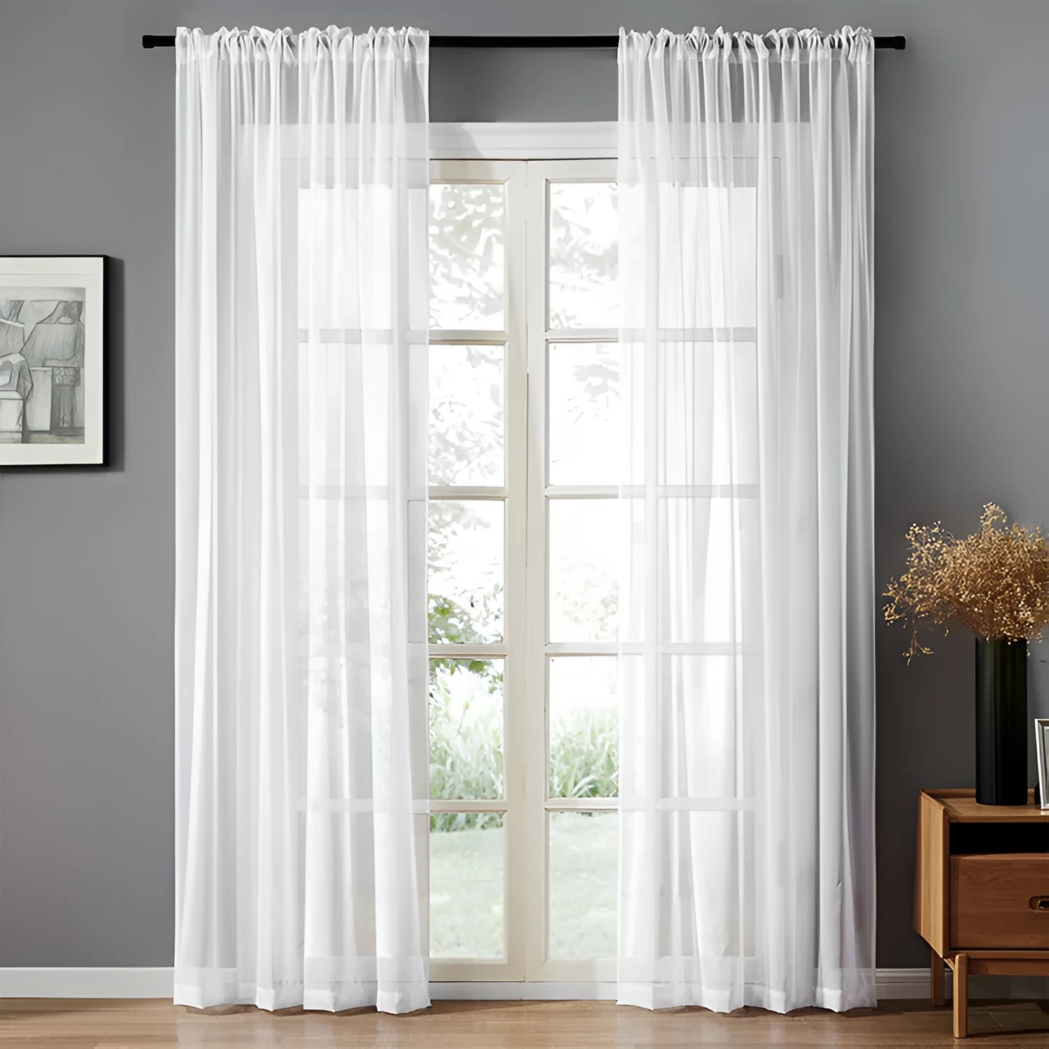 Pure colour cotton and linen vertical curtain in a modern simple style hanging on a window.