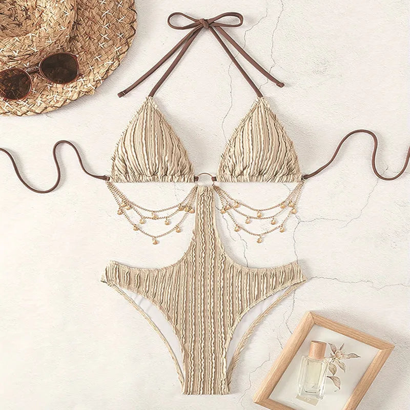 Women's lace-up cutout one-piece swimsuit in solid colour, available in khaki or red, polyester fabric