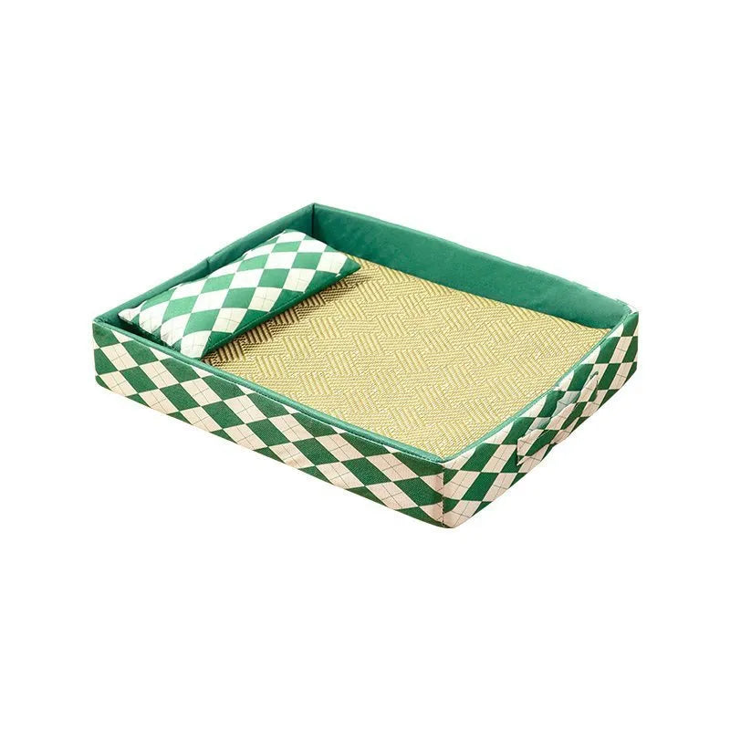Blue rattan cat litter mat with integrated sleeping nest beside a litter tray, showing size scale.