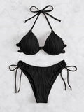 Women's apricot coloured bikini swimsuit with underwire support on a mannequin.