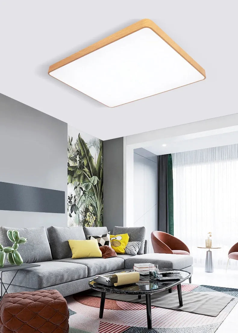 Square Nordic style LED bedroom light with wood grain finish, shown in a modern room setting.