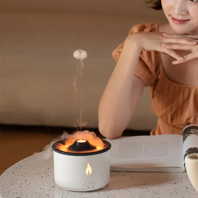 Round volcanic aromatherapy humidifier with two-colour night light in spray ring, 0.5L water tank capacity