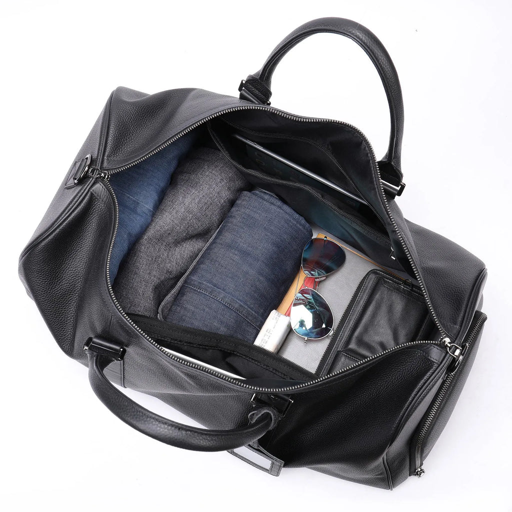 Men's leather excursion tote bag in black or coffee colour with single shoulder strap