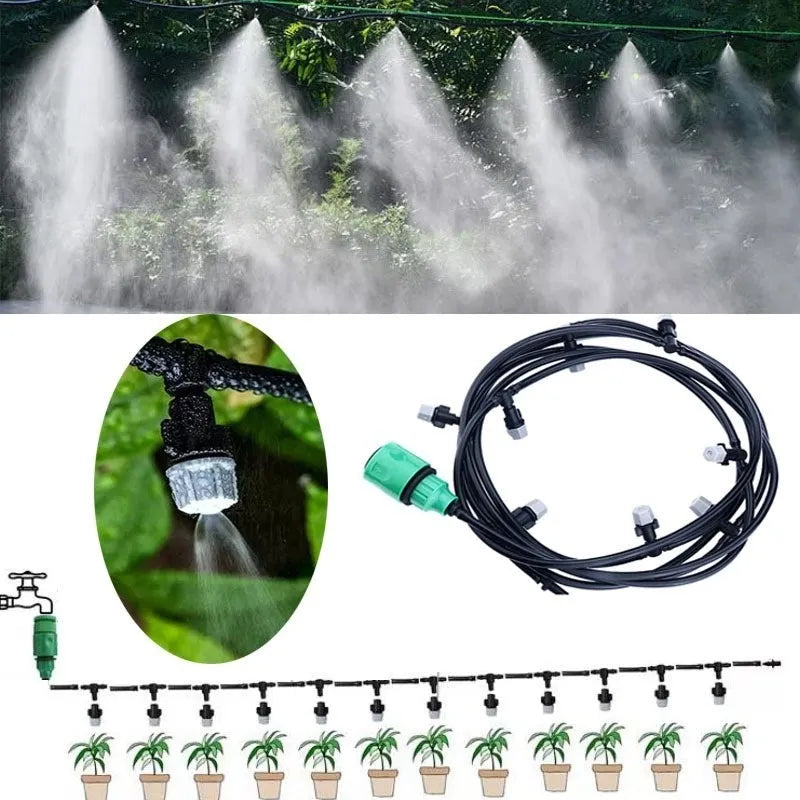 PE garden irrigation hose 10m with 10 micro spray units lying on green grass