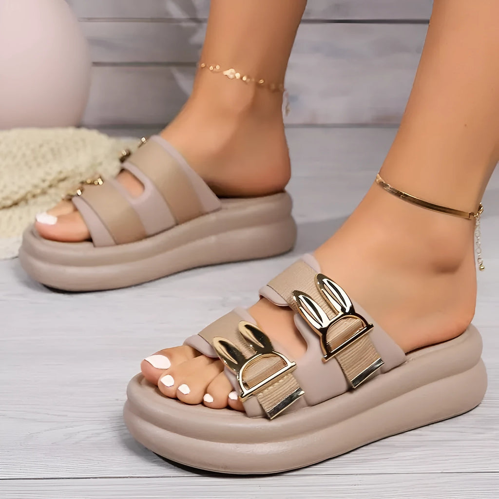 Women's suede slippers with thick rubber soles in apricot, black, or off white colours