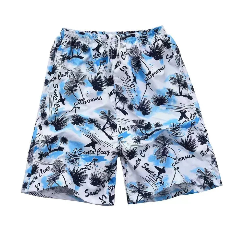 Men's floral print five-point swimming trunks in free size made from quick-dry polyester fabric