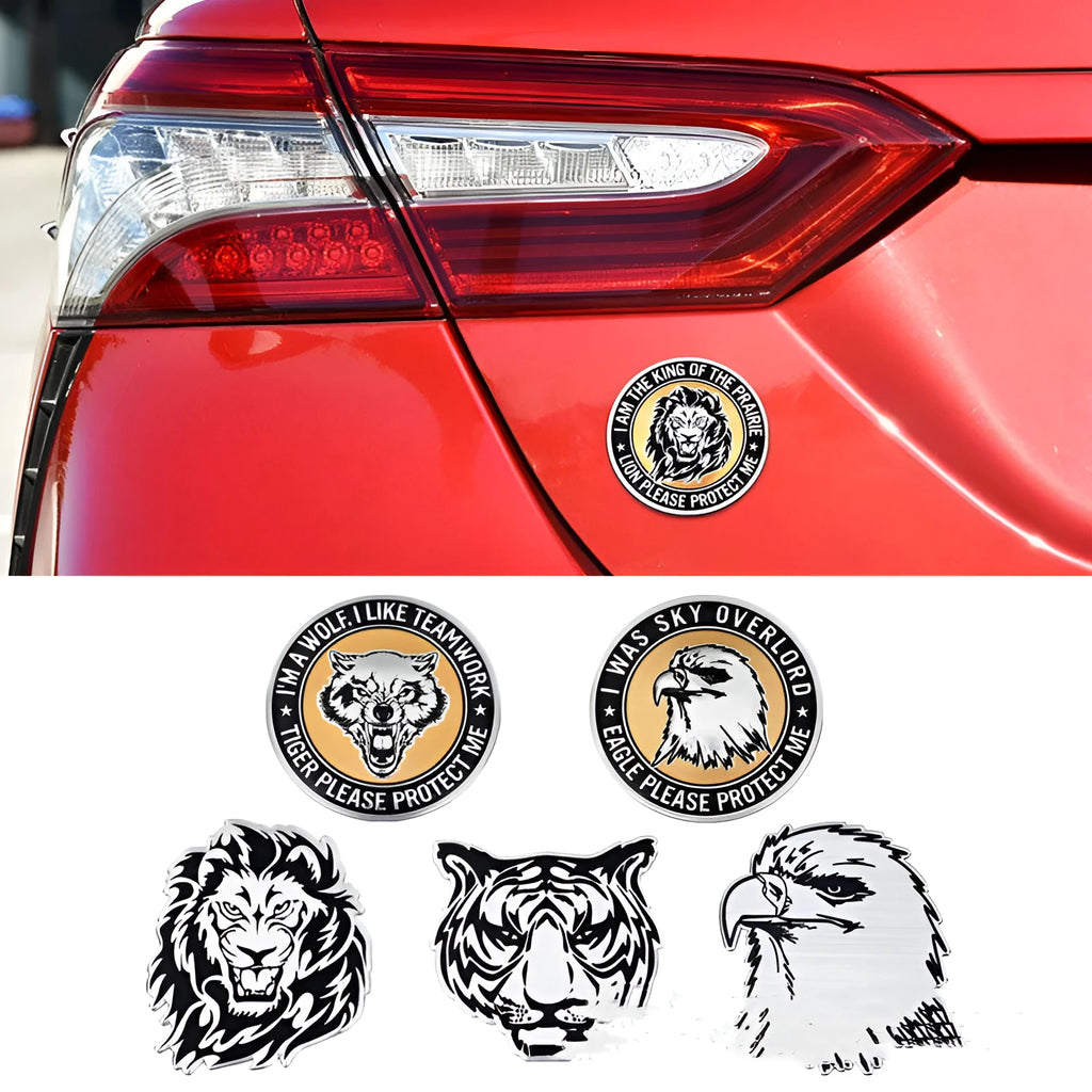 Aluminium car sticker labels showing lion, eagle and wolf head designs for vehicle appearance modification