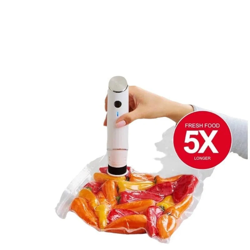 White USB vacuum sealer pump with five 26x28cm food storage bags for home use