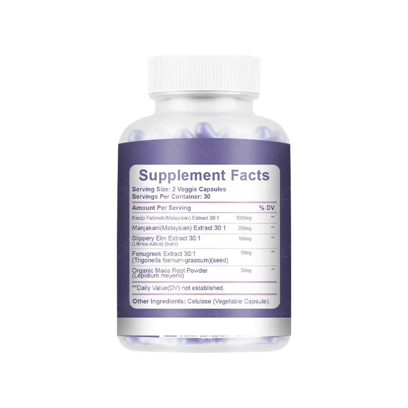 Bottle containing 60 vaginal capsules with botanical extract formulation for adult feminine care