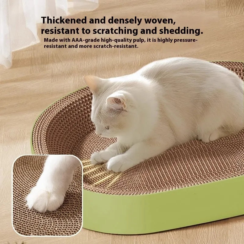Green oval corrugated paper cat scratch board with cat nest, 55cm diameter