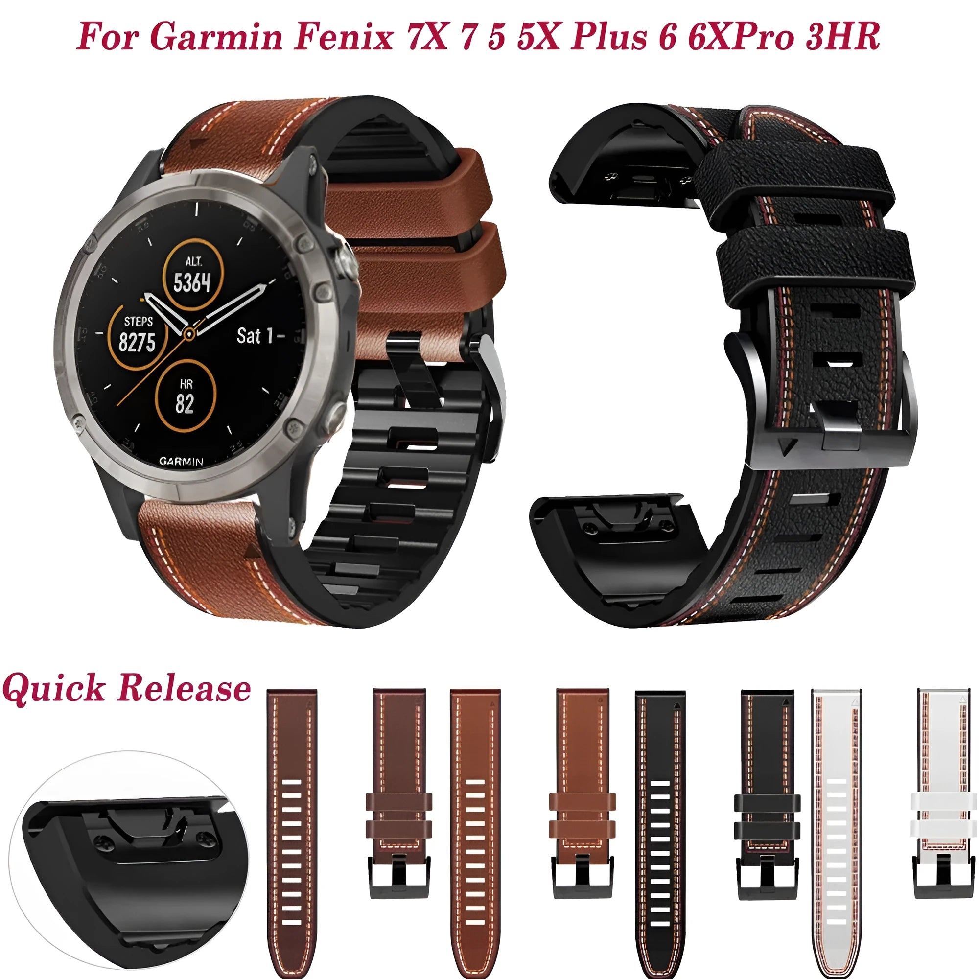 Silicone leather quick-release watchband for Garmin Fenix watches in black, coffee, light brown, or white.