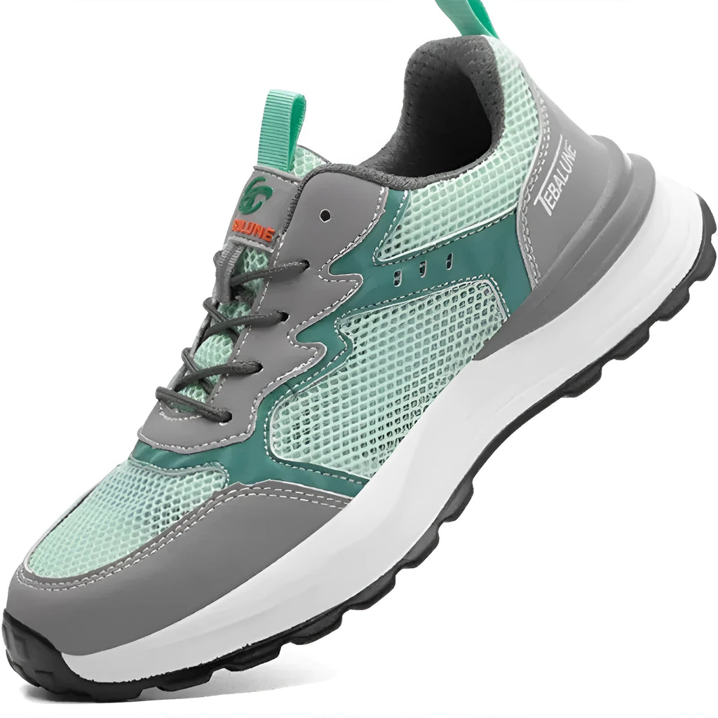 Green work safety shoes with mesh upper and steel toe cap protection