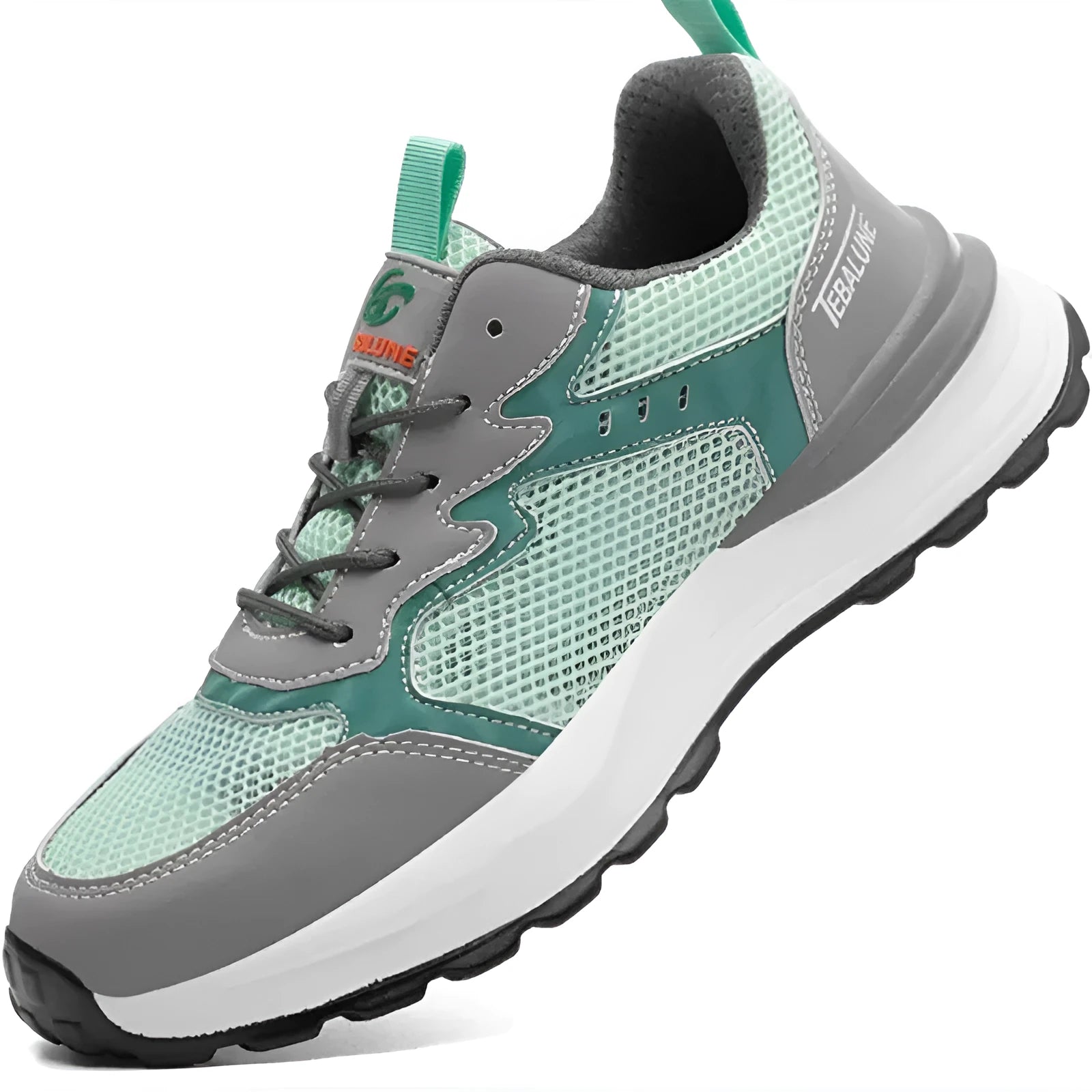 Green work safety shoes with mesh upper and steel toe cap protection