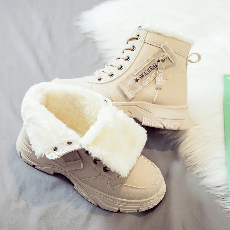 Women's tall black plus size snow boots with lace-up front and fleece lining on a white background