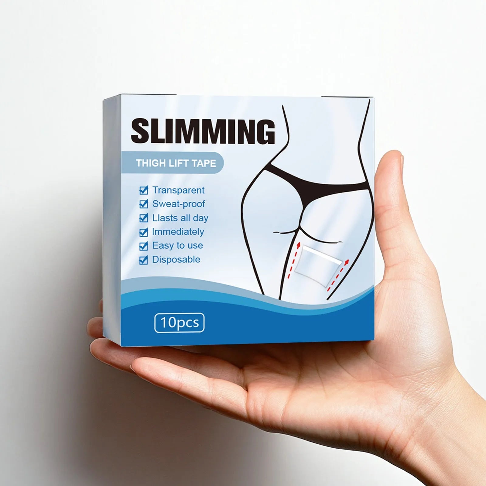 Box of 10 adhesive body shaping navel patches measuring 12cm square with hyaluronic acid and collagen