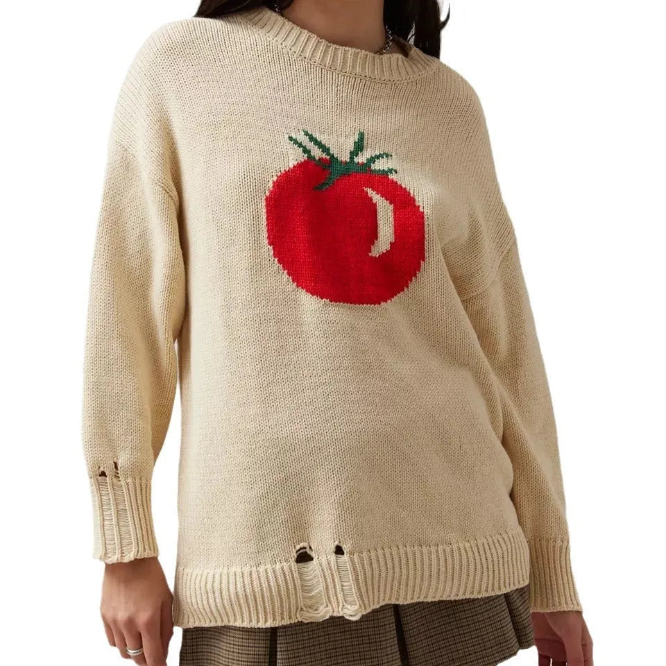 Women's milky white acrylic Jacquard knit pullover sweater with a loose fit and round neck