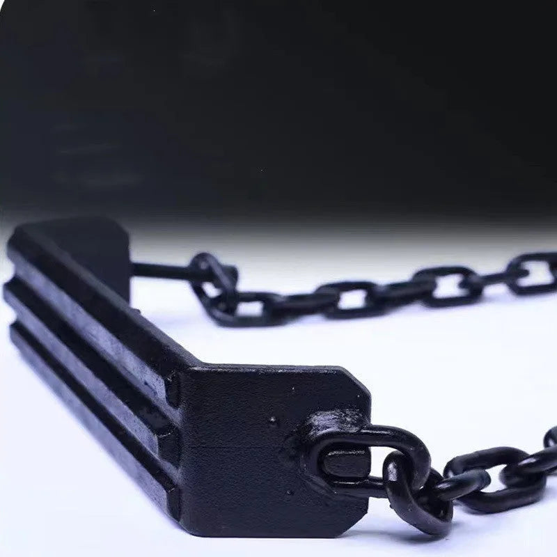 Large truck nonskid chain with semi-hanging design, iron links, shown in three sizes small medium large