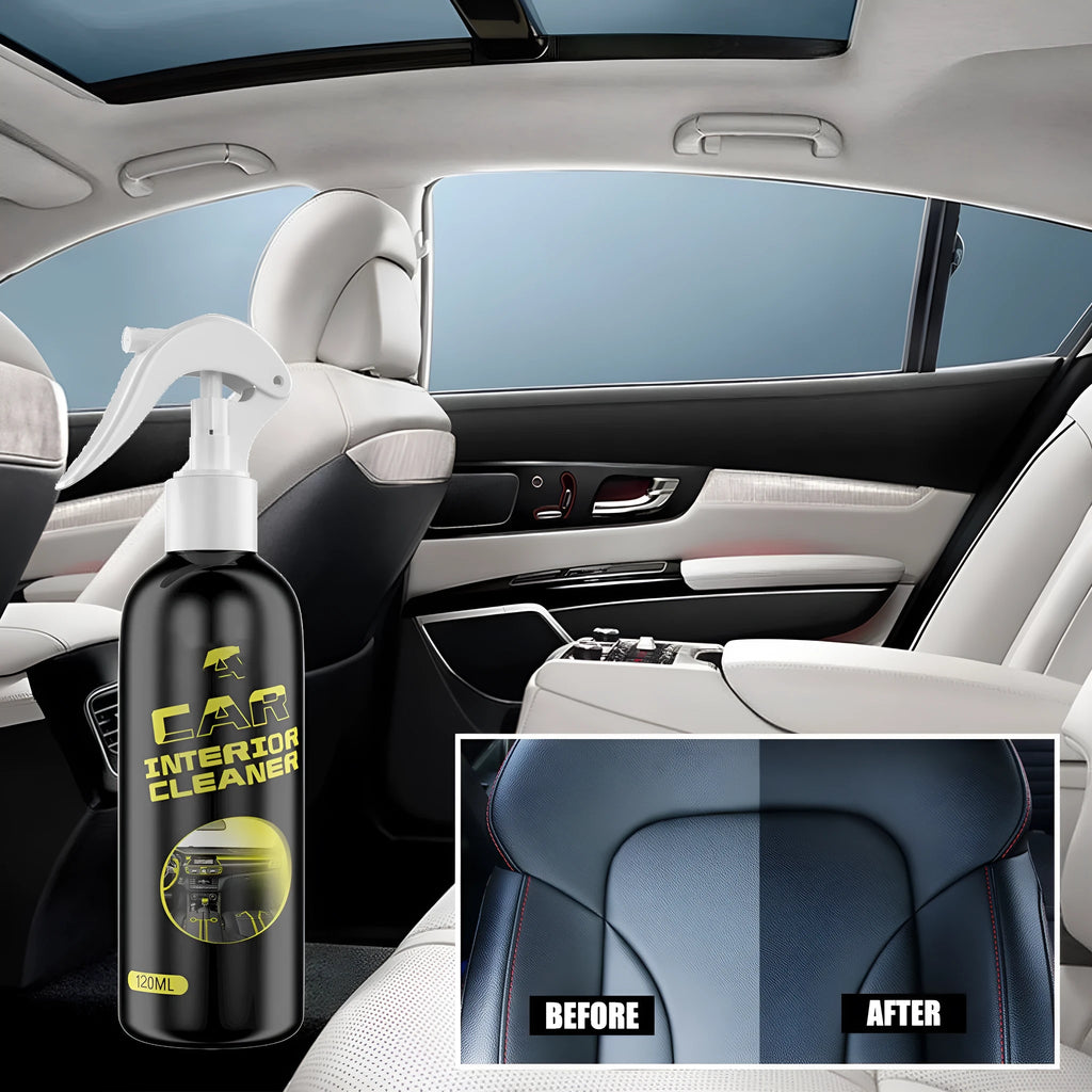 120ml bottle of car interior cleaner for leather and plastic dashboard maintenance.