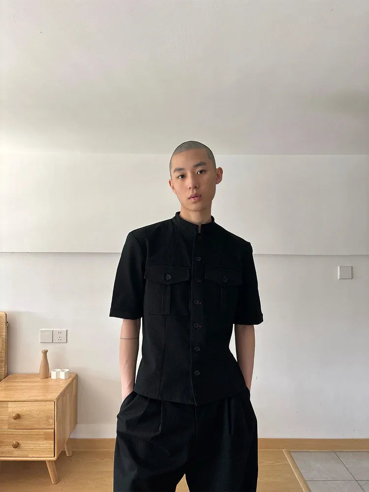 Black handmade Red Eye design half sleeve hunting shirt with loose fit and shirt collar