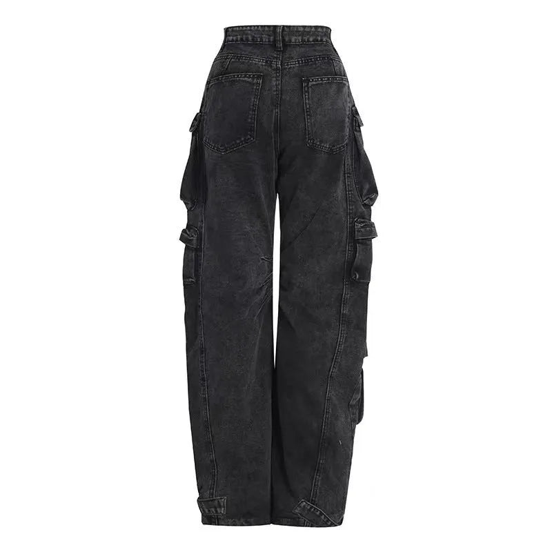 Women's high-waist wide-leg denim jeans with multiple pockets in tie-dyed blue street hipster style