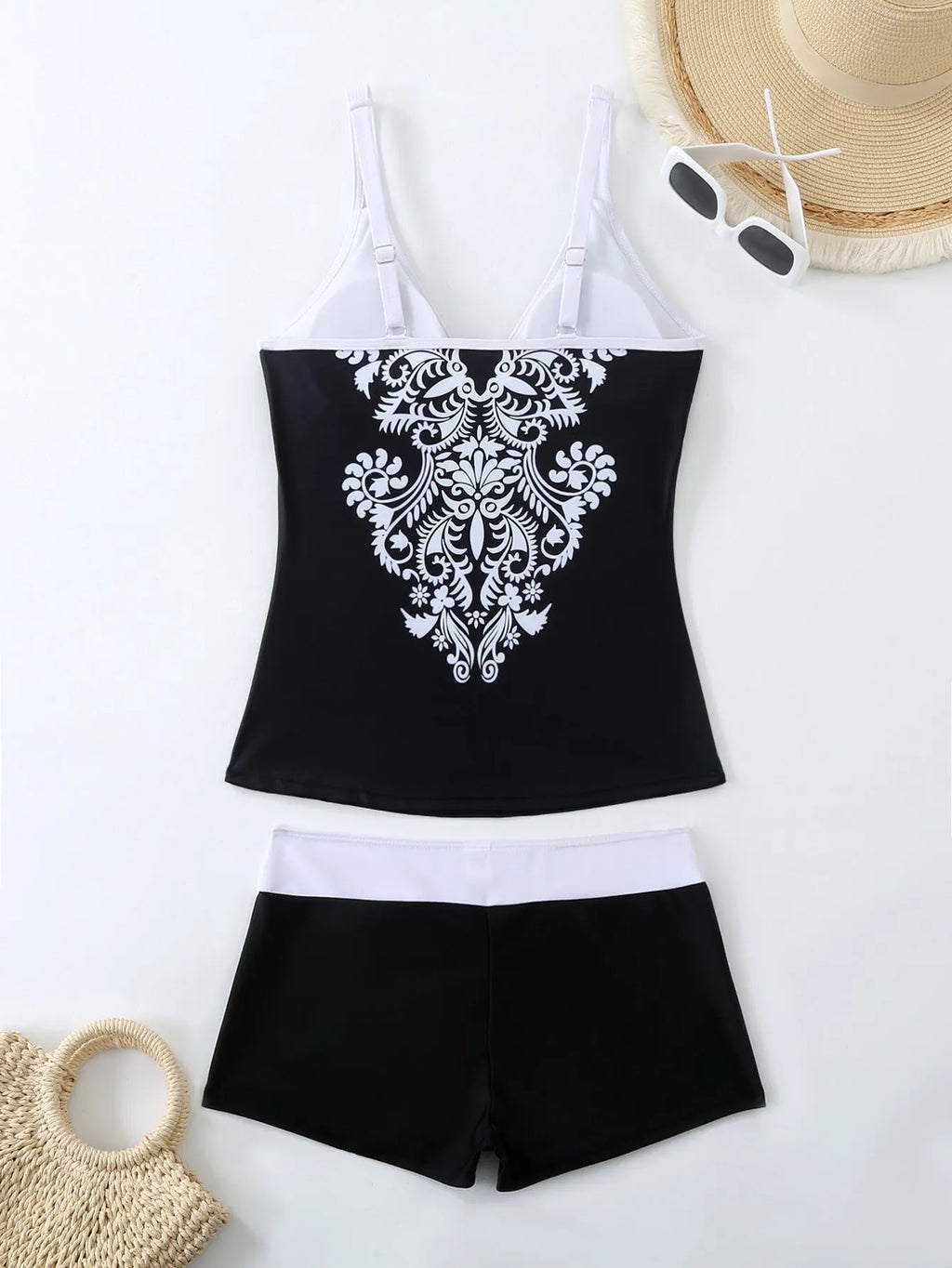 Plus size women's printed two-piece swimsuit in black or rose red with a cotton lining.